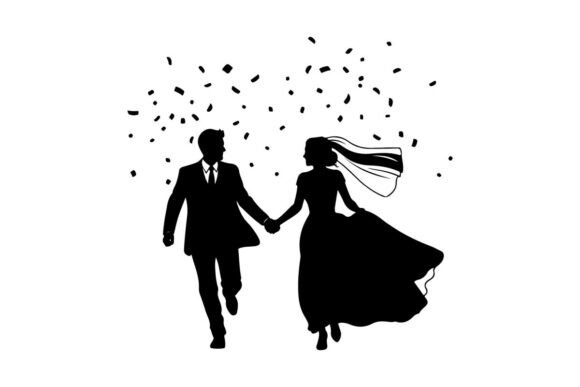 Happy Wedding Couple Running with Confetti: Capturing Pure Celebration