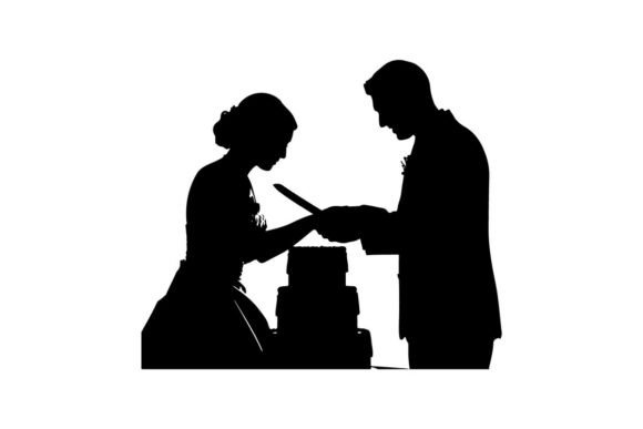 Silhouette of Wedding Couple Cutting Cak: A Modern Symbol for Designers